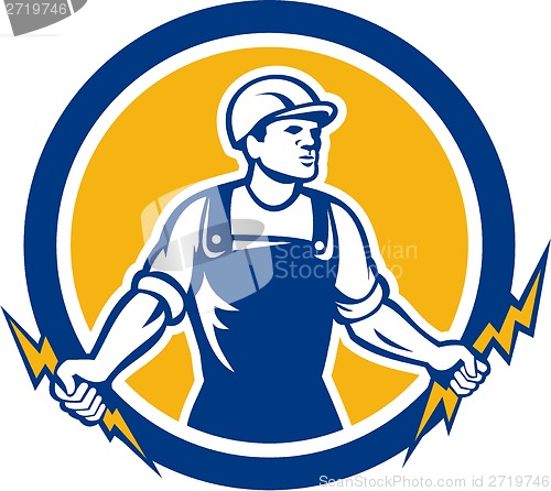 Image of Electrician Holding Two Lightning Bolts Side Retro