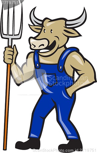 Image of Farmer Cow Holding Pitchfork Cartoon