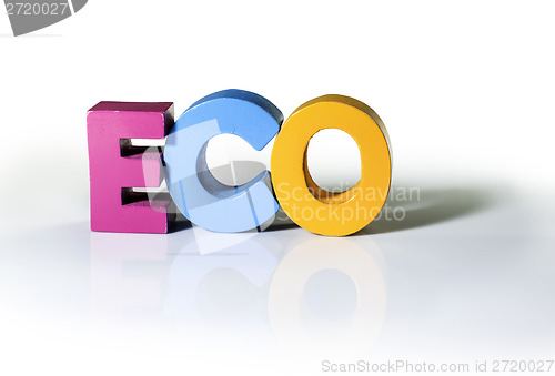 Image of Multicolored word eco made of wood.