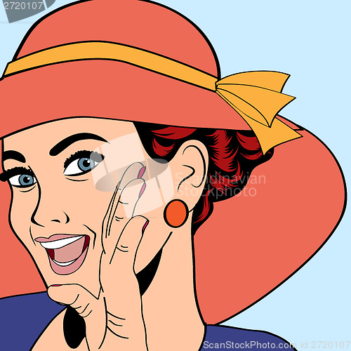 Image of popart retro woman with sun hat in comics style, summer illustra