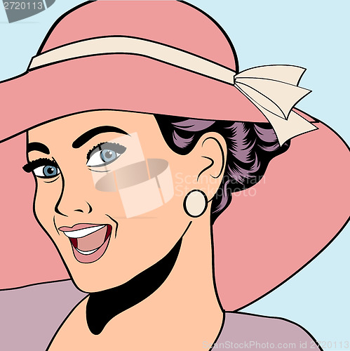 Image of popart retro woman with sun hat in comics style, summer illustra