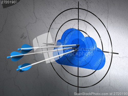 Image of Cloud technology concept: arrows in Cloud target on wall background