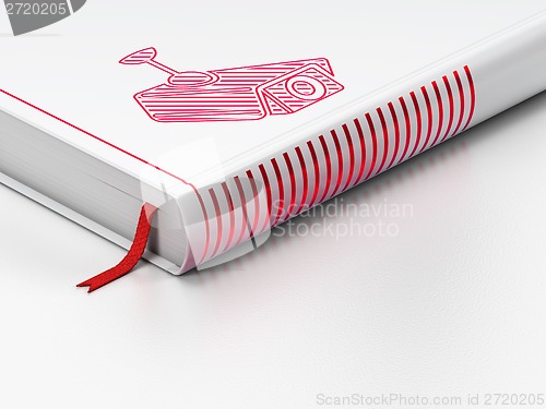 Image of Protection concept: closed book, Cctv Camera on white background