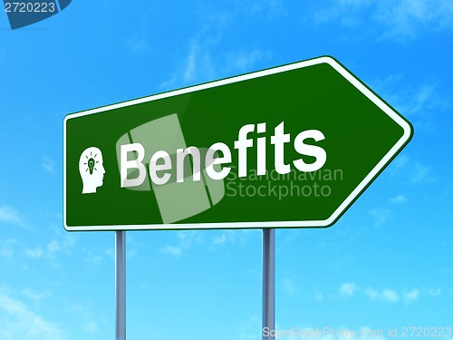 Image of Business concept: Benefits and Head With Light Bulb on road sign background