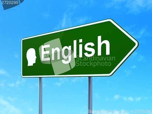 Image of Education concept: English and Head on road sign background