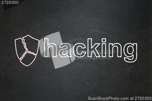Image of Protection concept: Broken Shield and Hacking on chalkboard background