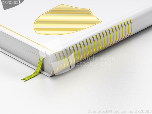 Image of Privacy concept: closed book, Shield on white background
