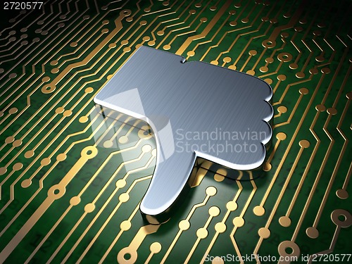 Image of Social media concept: Thumb Down on circuit board background