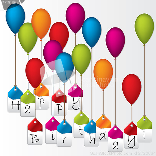 Image of Happy birthday labels hanging on color balloons