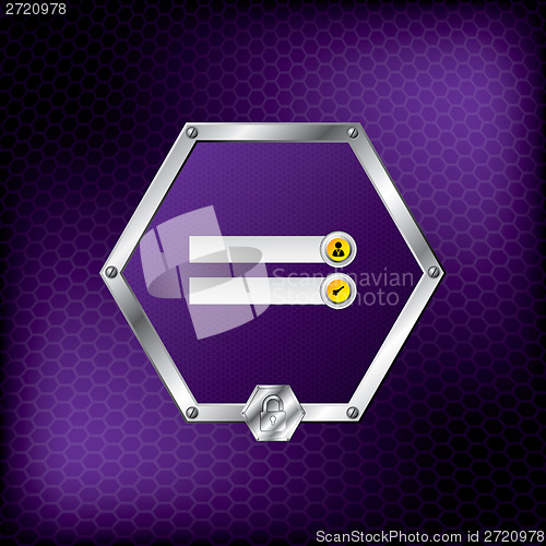 Image of Metallic hexagon login screen design with purple background