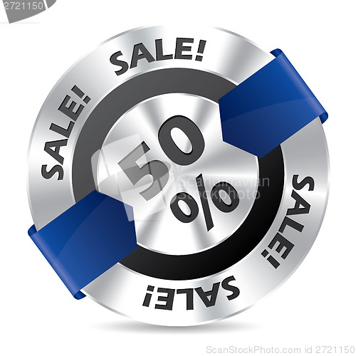 Image of 50% sale badge with blue arrow ribbon