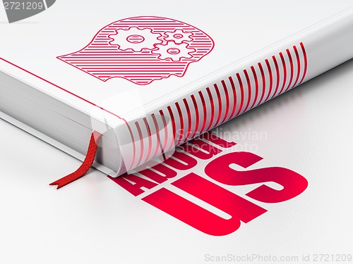 Image of Advertising concept: book Head With Gears, About Us on white background