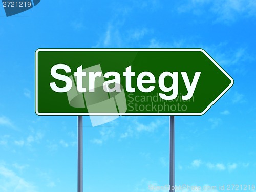 Image of Finance concept: Strategy on road sign background