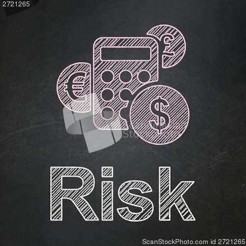 Image of Finance concept: Calculator and Risk on chalkboard background