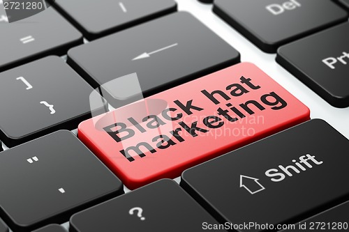 Image of Finance concept: Black Hat Marketing on computer keyboard background