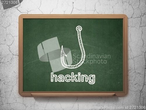 Image of Protection concept: Fishing Hook and Hacking on chalkboard background