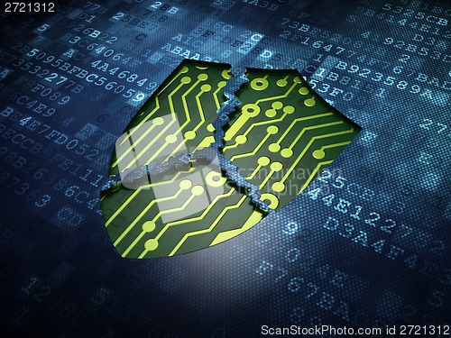 Image of Security concept: Broken Shield on digital screen background