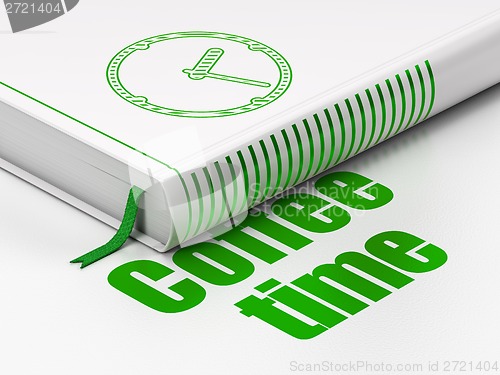 Image of Timeline concept: book Clock, Coffee Time on white background