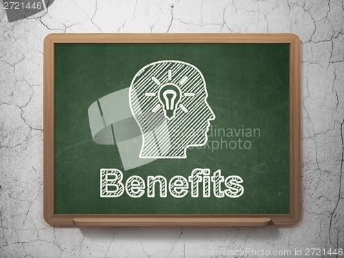 Image of Finance concept: Head With Light Bulb and Benefits on chalkboard background