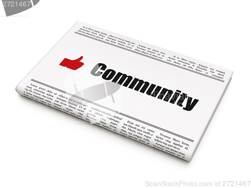 Image of Social network concept: newspaper with Community and Thumb Up