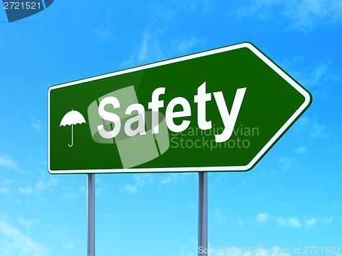 Image of Privacy concept: Safety and Umbrella on road sign background