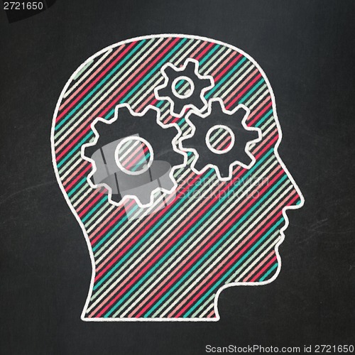 Image of Advertising concept: Head With Gears on chalkboard background