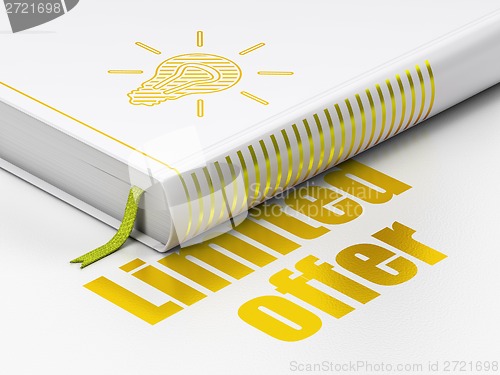 Image of Finance concept: book Light Bulb, Limited Offer on white background