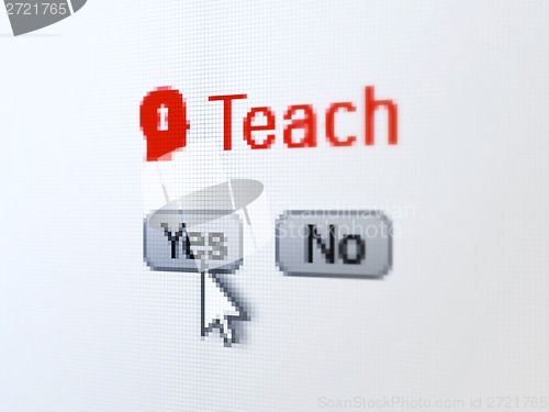 Image of Education concept: Head With Keyhole icon and Teach on digital computer screen