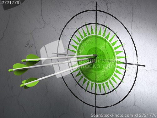 Image of Travel concept: arrows in Sun target on wall background