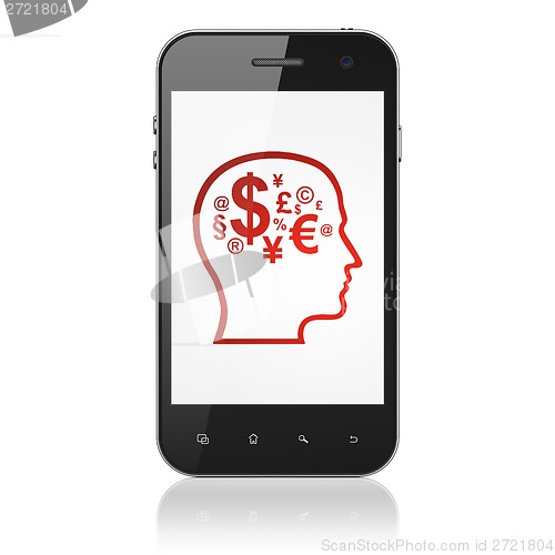 Image of Finance concept: Head With Finance Symbol on smartphone