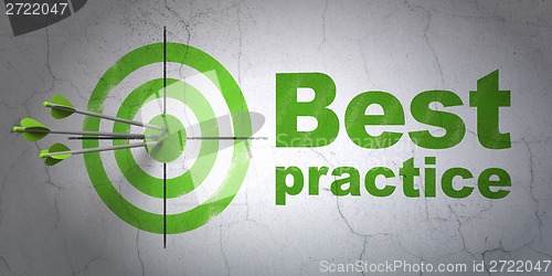 Image of Education concept: target and Best Practice on wall background