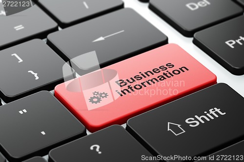 Image of Business concept: Gears and Business Information on computer keyboard background