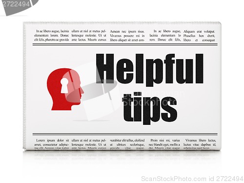 Image of Education concept: newspaper with Helpful Tips and Head With Keyhole