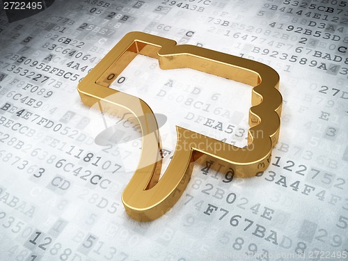 Image of Social media concept: Golden Thumb Down on digital background