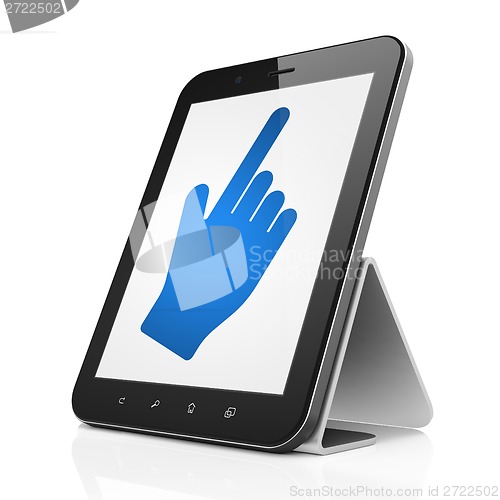 Image of Social network concept: Mouse Cursor on tablet pc computer