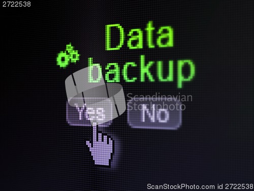 Image of Data concept: Gears icon and Data Backup on digital computer screen