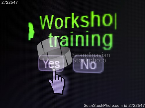 Image of Education concept: Head With Keyhole icon and Workshop Training on digital computer screen