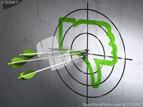 Image of Social media concept: arrows in Thumb Down target on wall background