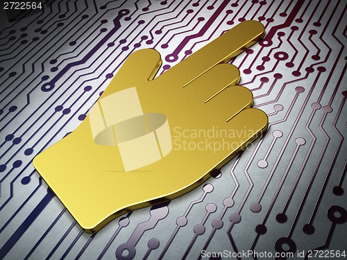 Image of Web development concept: Golden Mouse Cursor on Circuit Board background