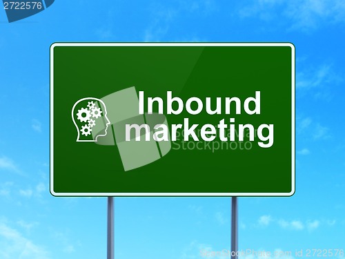 Image of Business concept: Inbound Marketing and Head With Gears on road sign background