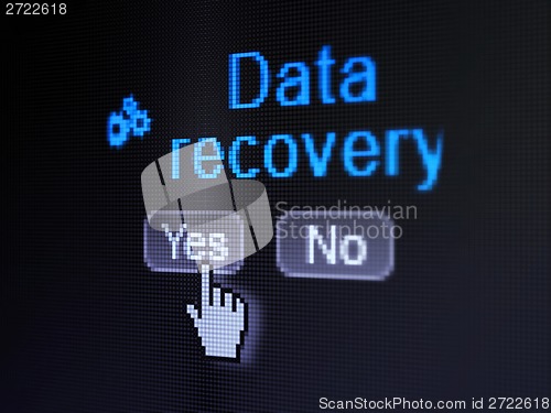 Image of Information concept: Gears icon and Data Recovery on digital computer screen