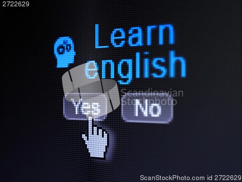 Image of Education concept: Head With Gears icon and Learn English on digital computer screen