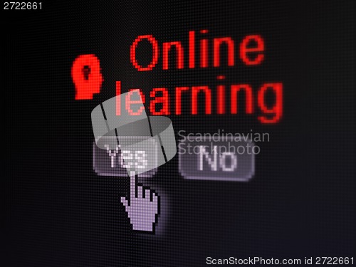 Image of Education concept: Head With Light Bulb icon and Online Learning on digital computer screen
