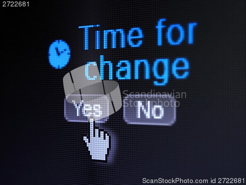 Image of Time concept: Clock icon and Time for Change on digital computer screen
