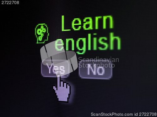 Image of Education concept: Head With Gears icon and Learn English on digital computer screen