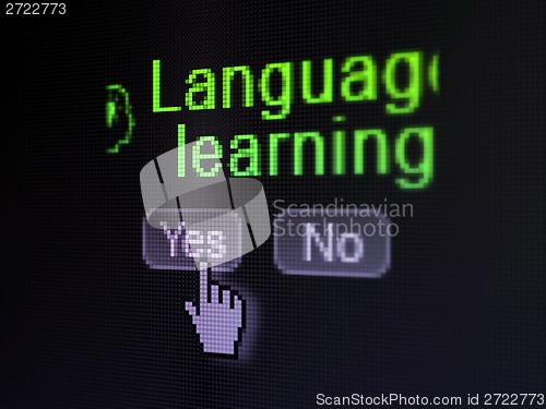 Image of Education concept: Head With Lightbulb icon and Language Learning on digital computer screen