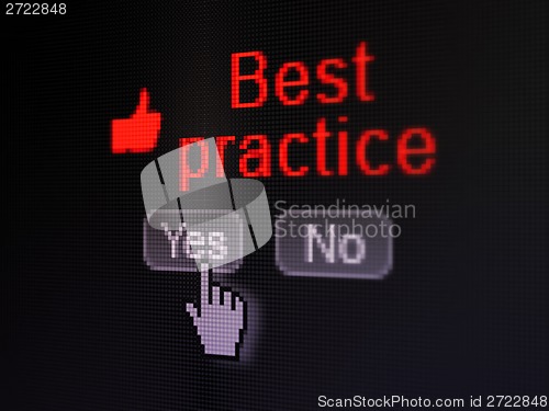 Image of Education concept: Thumb Up icon and Best Practice on digital computer screen