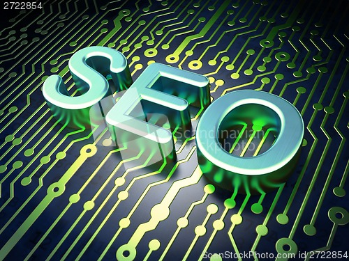 Image of SEO web development concept: SEO on circuit board background