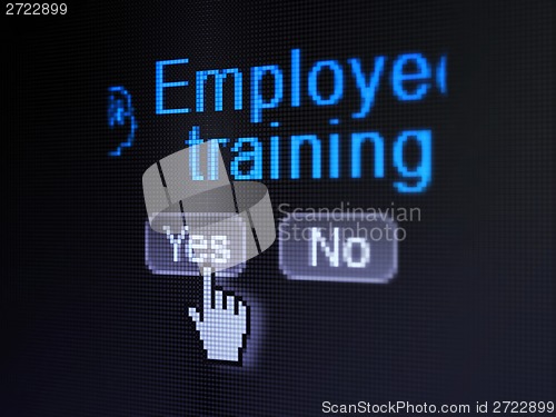 Image of Education concept: Head With Finance Symbol icon and Employee Training on digital computer screen