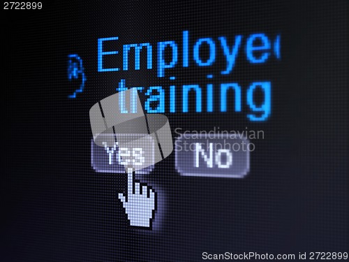 Image of Education concept: Head With Finance Symbol icon and Employee Training on digital computer screen